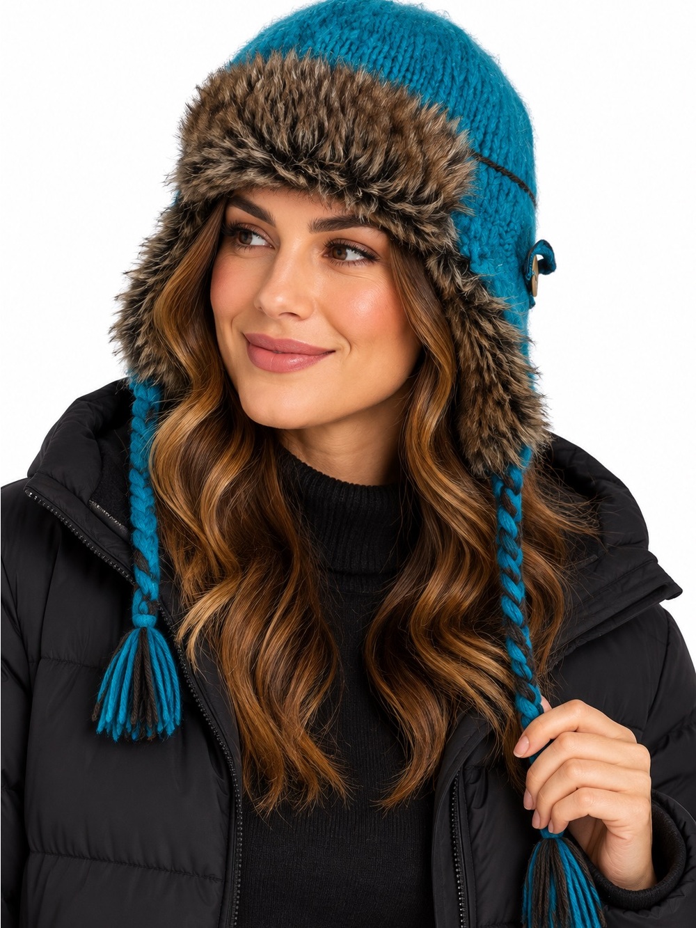 Nobis Wool Blend Trapper Hat OS Turquoise Earflap Braided Ties Faux Fur Look